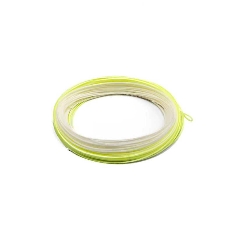 Fly fishing fly line coil with tapered section, ivory and yellow-green.