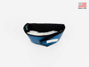 Foldable stash bag in blue with open top and white inner lining