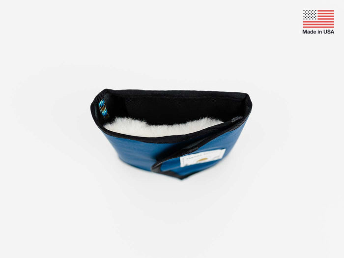 Foldable stash bag in blue with open top and white inner lining