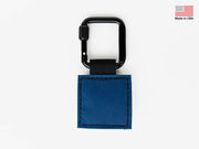 Fly patch on keychain carabiner, blue fabric with stitched border and Velcro backing