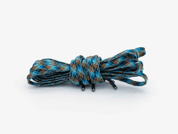 Yakoda Guide laces in blue camo, bundled with two lace tips and grommets
