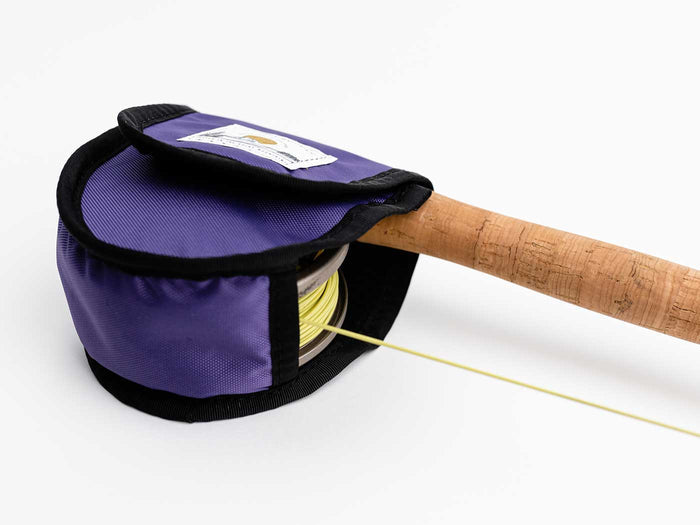 Yakoda reel cover in purple with black trim, top flap and label
