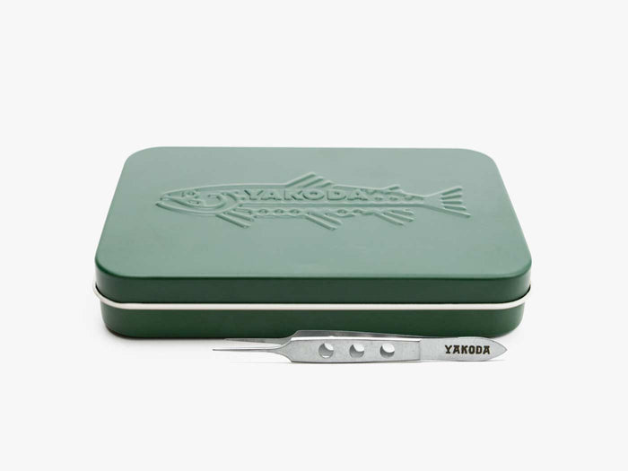 Olive slim tin combo with embossed lid and metal tool across the top