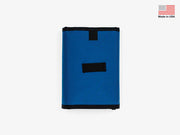 Foldable stash bag in blue with stitched black back tab and top edge