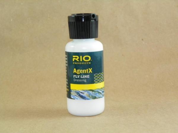 RIO AgentX fly line dressing bottle with blue label and black cap