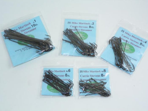 five packages of Mike Martinek Carrie Stevens Rangeley style streamer fly hooks for tying traditional streamer fishing flies