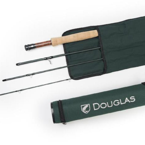 Douglas DXF fly rod with green storage bag and cork handle