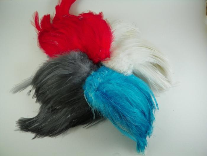 Strung neck hackle feathers in red, gray, white, and blue tufted bundles