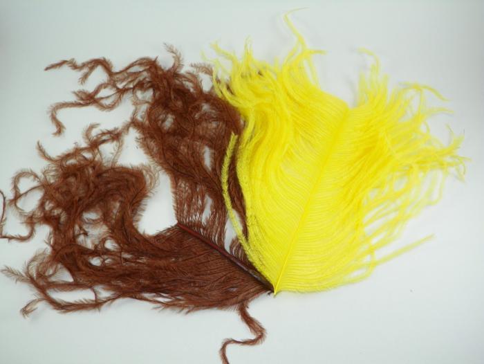 Ostrich herl feathers in brown and bright yellow, wispy strands