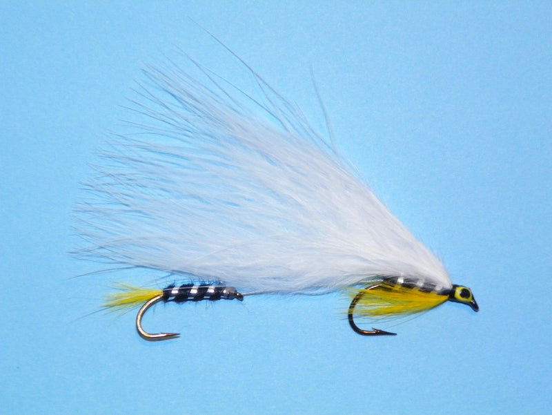 Marabou tandem fishing fly in white and yellow with black head, double hooks