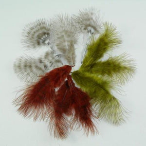 selection of dyed grizzly marabou feathers used for tying fly fishing flies