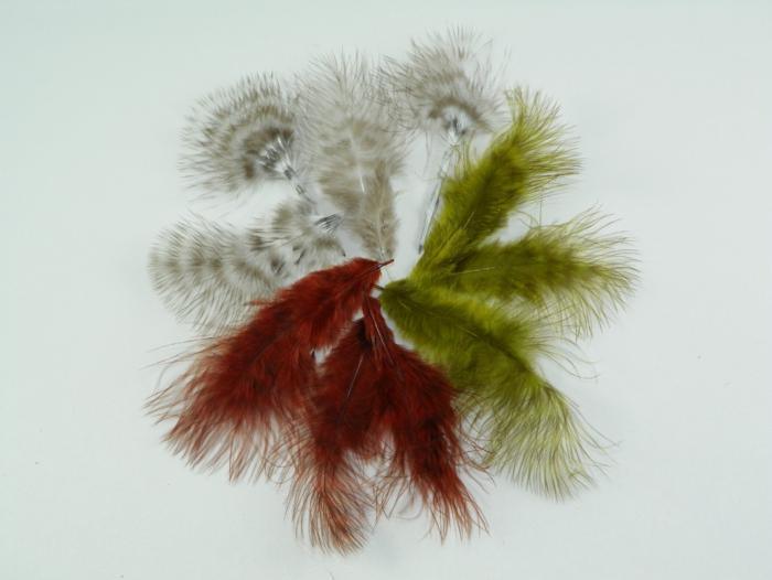 selection of dyed grizzly marabou feathers used for tying fly fishing flies