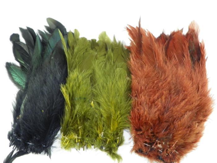 Strung schlappen feather swatches in dark, green, and orange