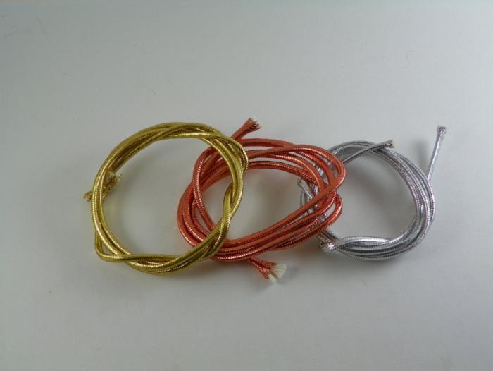 Mylar cord set with gold, copper-red, and silver metallic loops