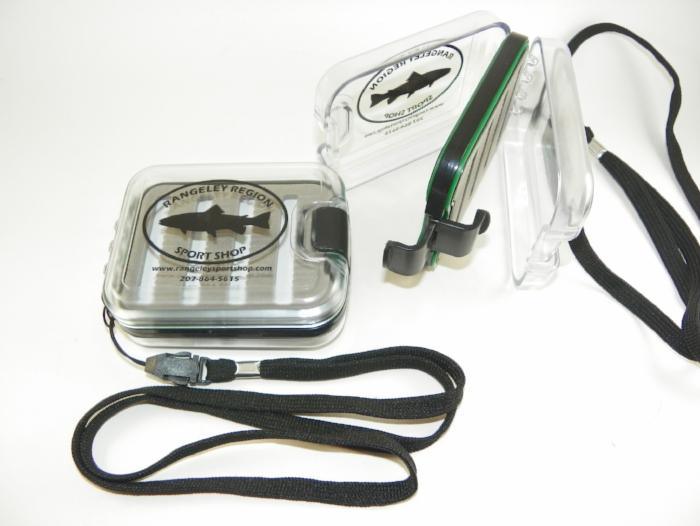 Two-sided waterproof fly box with lanyard, clear case and green lid, black strap