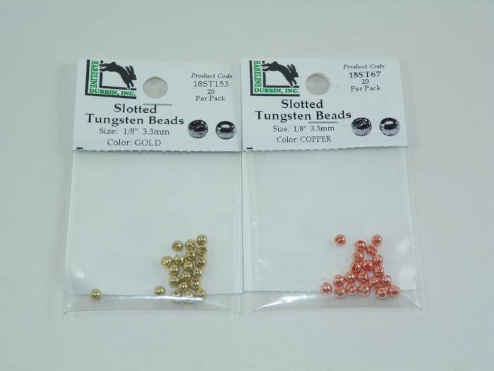 Slotted tungsten beads, gold and copper in plastic packets
