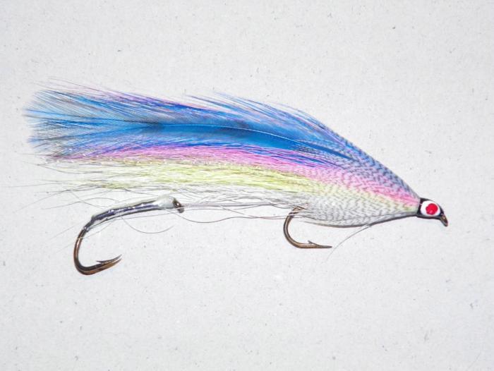 Rainbow feather fishing lure with red-white eye and twin hooks