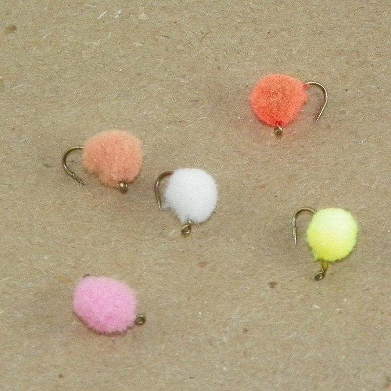 Fuzzy egg-shaped dangle earrings in pink, orange, cream, chartreuse