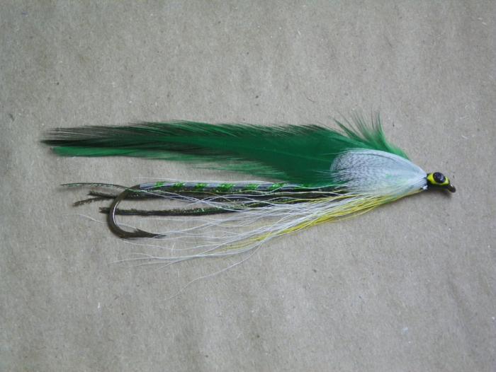 extra long shank streamer fly with green feather wing from Rangeley Maine flyshop