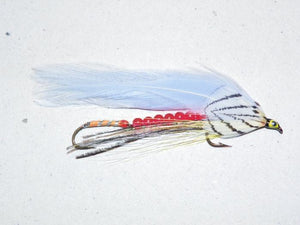tandem trolling fly version of the classic streamer fly gray ghost with red beads on the wire between the two hooks