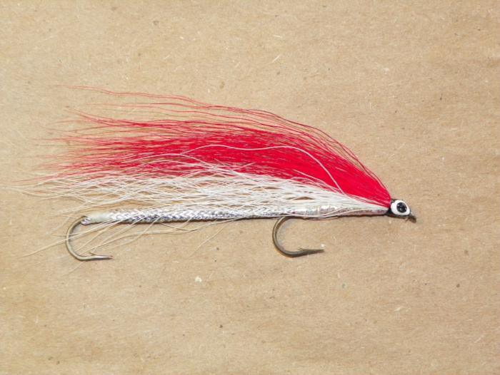 Red and white bucktail fishing fly with silver hook, black-and-white head