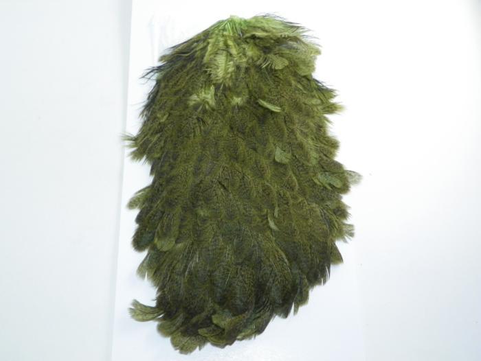 Whiting Farms Brahma hen saddle, olive green mottled feathers