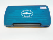 Blue streamer fly box with hinged lid and latch, closed
