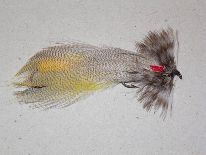 Tandem fly fishing lure with gray and yellow feather body and red accent
