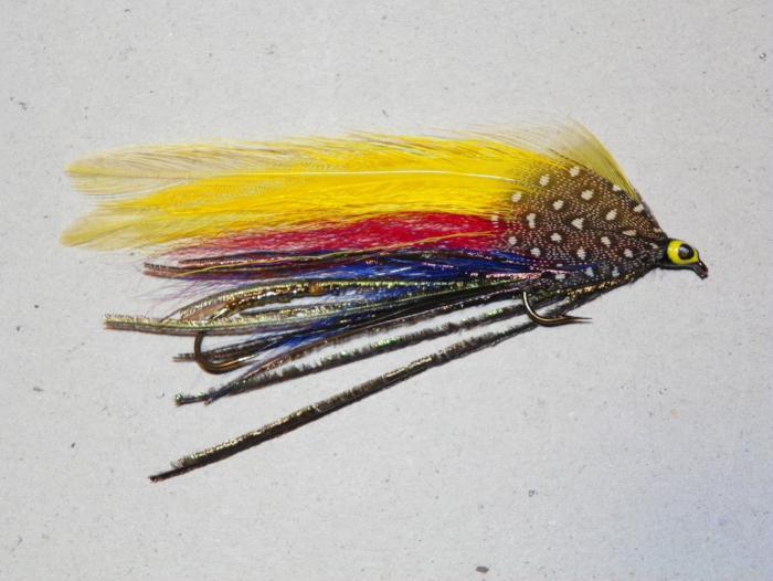 Tandem fishing fly lure with yellow and red feathers, speckled body, black tail
