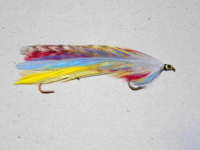 Feather fishing lure with rainbow tail, silver body, single front hook