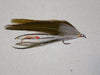 tandem trolling fly patterned after the gray ghost with olive green wing feathers from Rangeley Maine Fly Shop