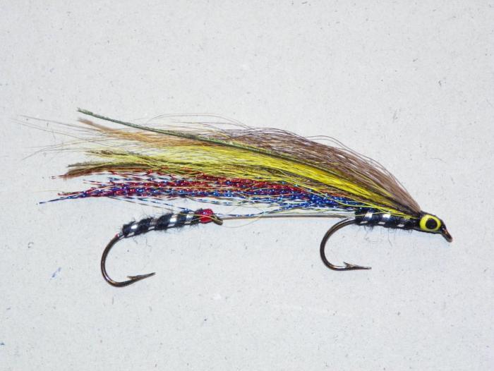 Herb Johnson Tandem fishing fly lure with feather tail, yellow-green body and black hook