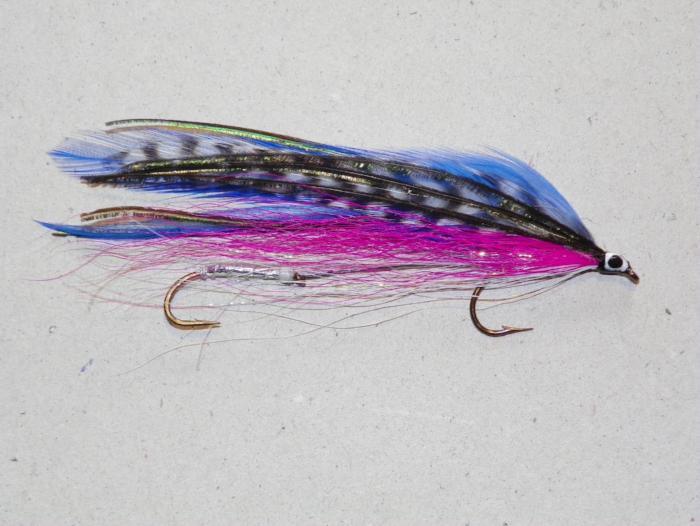 Two-hook feather fishing lure with blue and purple body and black stripes