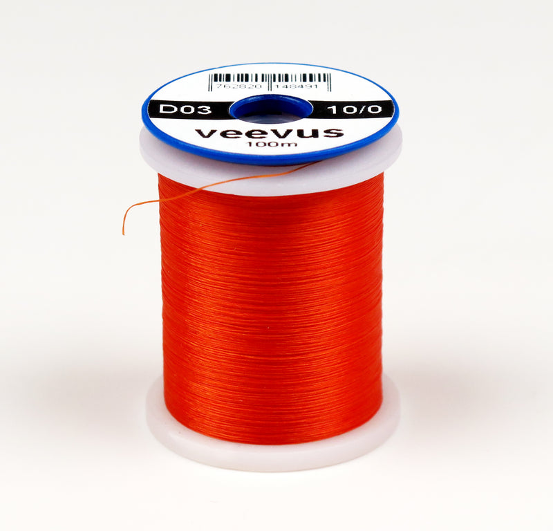 Veevus thread spool, bright orange-red 10/0 on bobbin with label