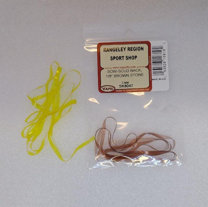 a package of brown stone sow-scud back and some yellow sow scud back used for tying flies