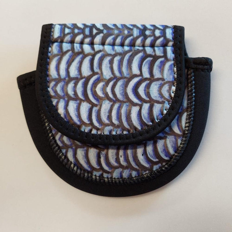 Wingo fly reel case pouch with blue scale pattern and black half-moon edge
