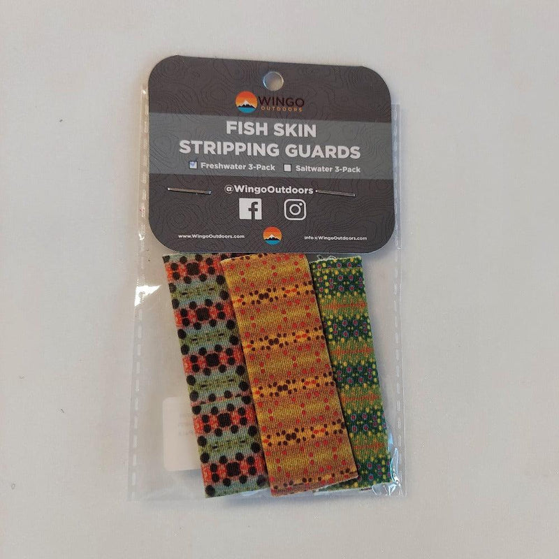 Fish skin stripping guards 3-pack in red-orange, tan, and green-speckled patterns
