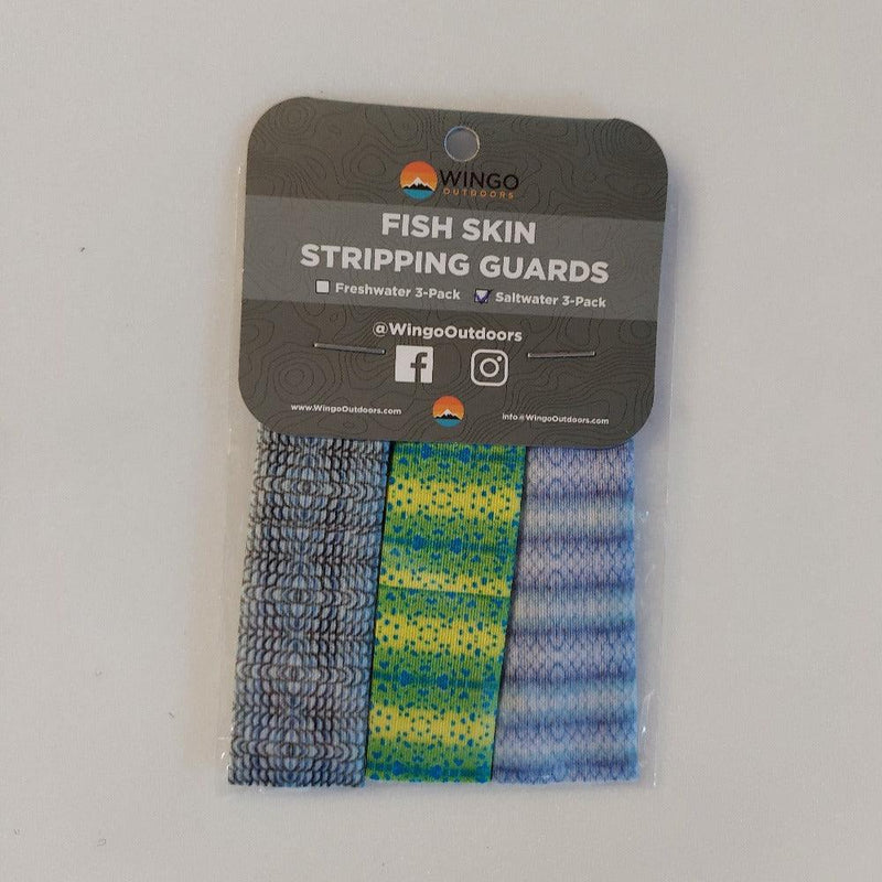 a package of three Wingo stripping guards in the saltwater patterns