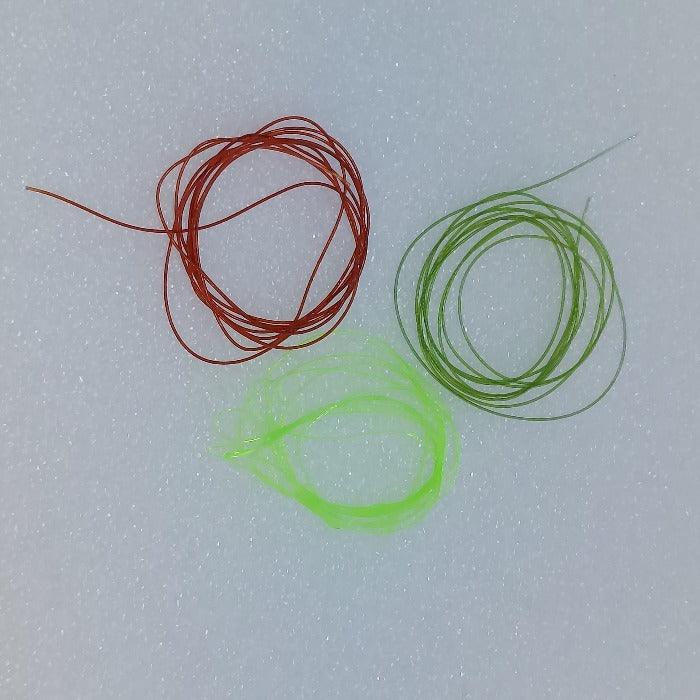 Micro tubing coils, bright chartreuse and dark red thin strands
