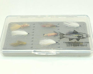 A clear box with 9 streamer fishing flies popular in Rangeley maine