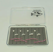 Worms and Eggs Collection clear fly box with white eggs and pink worm flies