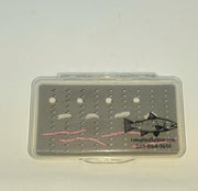 Worms and Eggs Collection clear fly box with white eggs, pink worms, and black lure