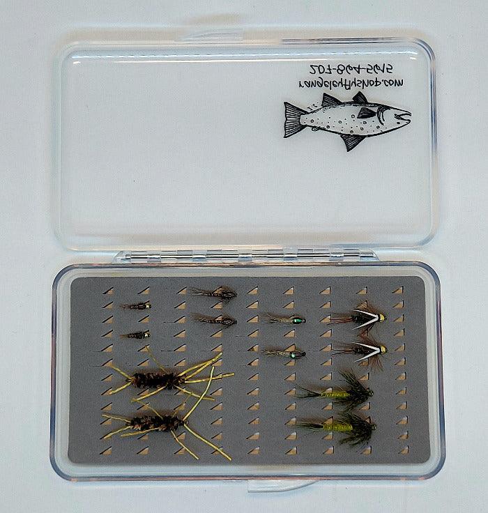 Mayfly and Stonefly fly collection in clear plastic case