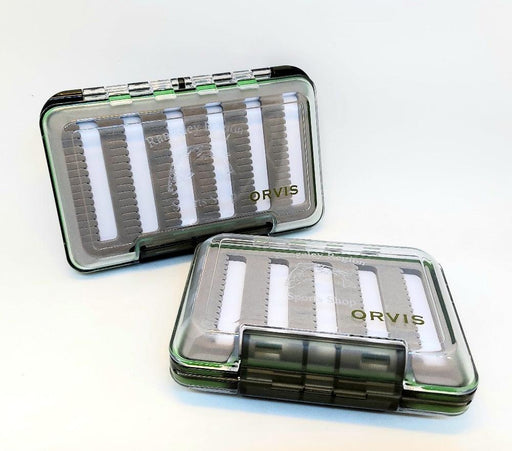 Two sizes of fly boxes engraved with a jumping trout and the shop name.  Clear lids for easy viewing and two sides for extra storage