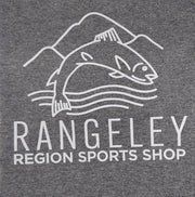 Gray crewneck graphic T-shirt with trout illustration and Rangeley text