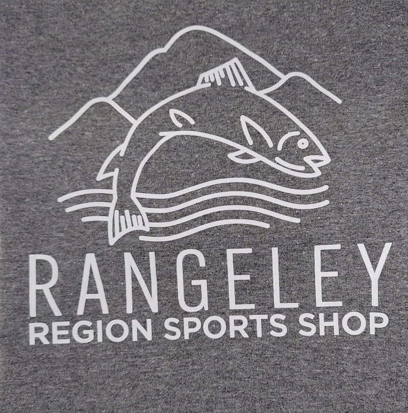 Gray crewneck graphic T-shirt with trout illustration and Rangeley text