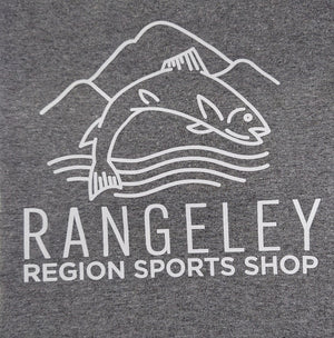 white design jumping trout with Rangeley Region Sport Shop name on gray