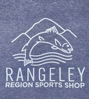 Heather navy crewneck graphic T-shirt with trout illustration and Rangeley text