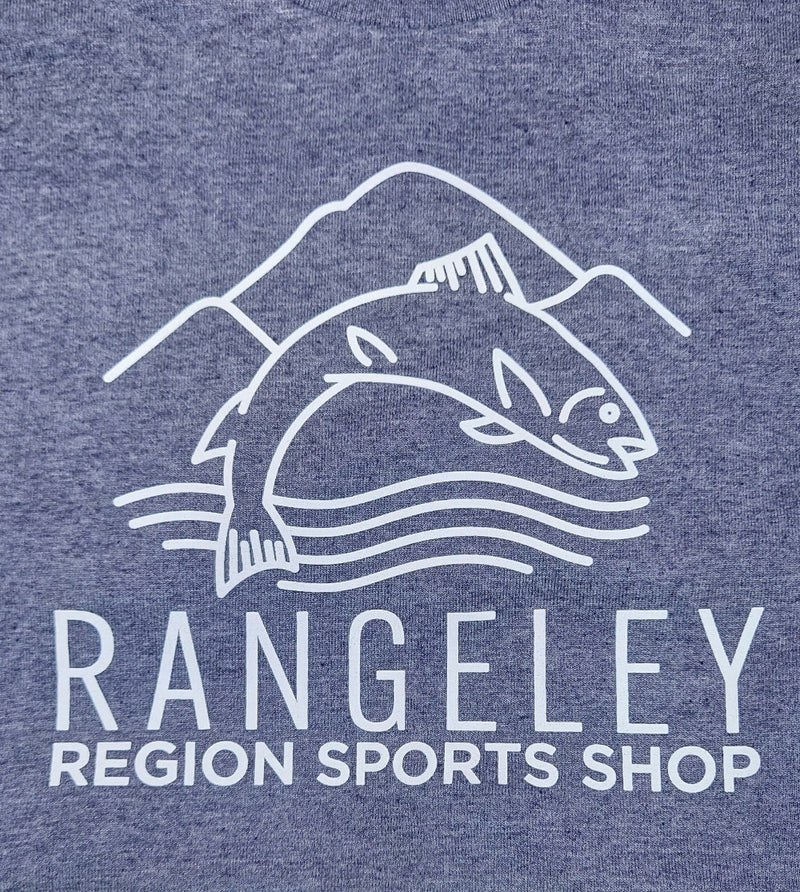 Heather navy crewneck graphic T-shirt with trout illustration and Rangeley text