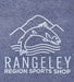 white design of jumping trout on blue shirt with Rangeley Region Sport Shop